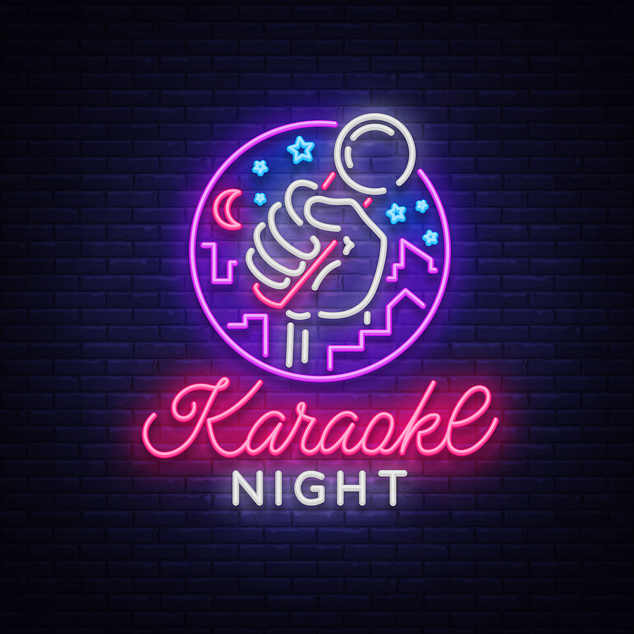 Karaoke Night Vector. Neon Sign, Luminous Logo, Symbol, Light Ba